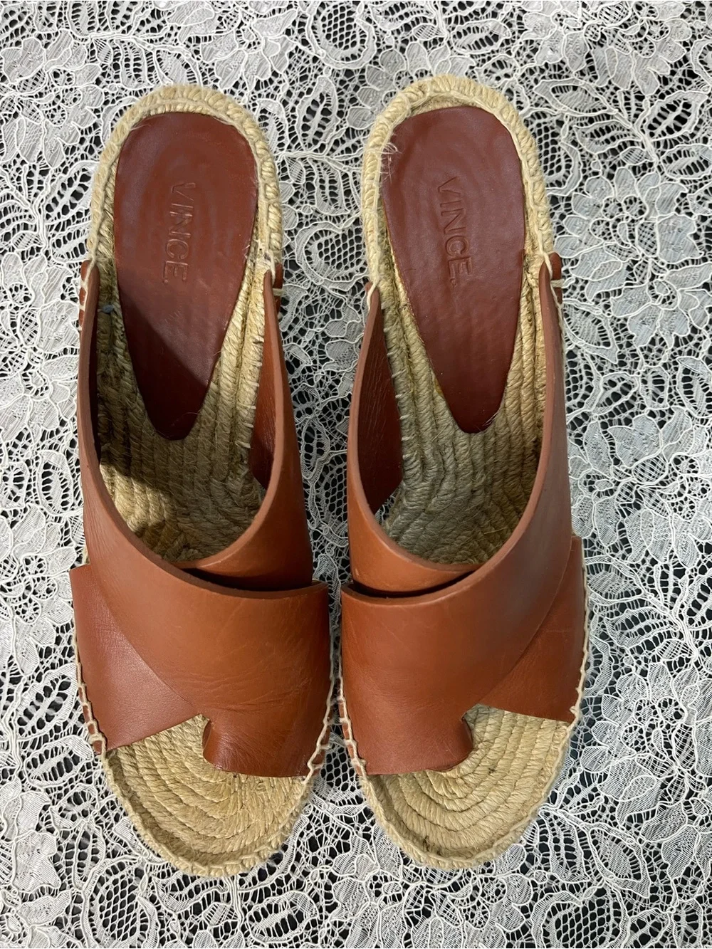 Vince Suraya Brown Leather Wedge Espadrille Slide Sandal Size 9M / 39